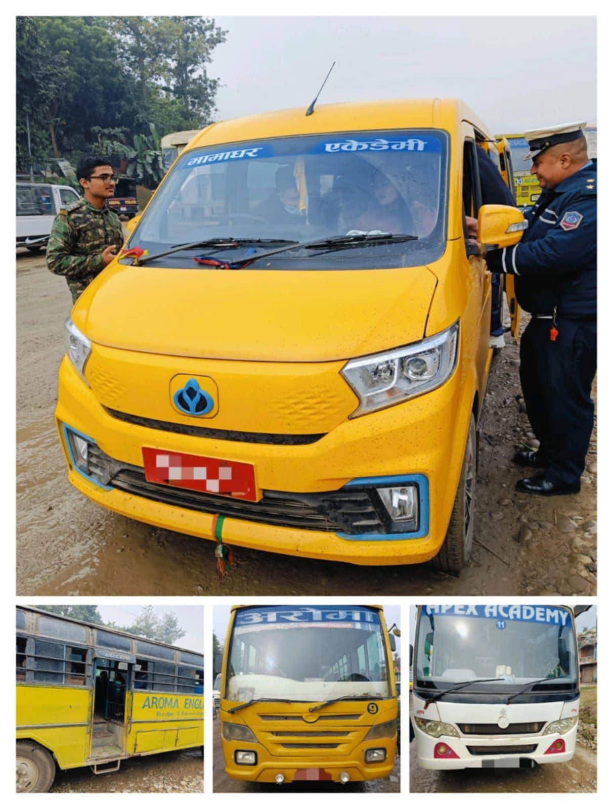 नवलपुरका विद्यालयहरुका बसहरुले सिट क्षमता भन्दा बढी विद्यार्थी बोक्दै